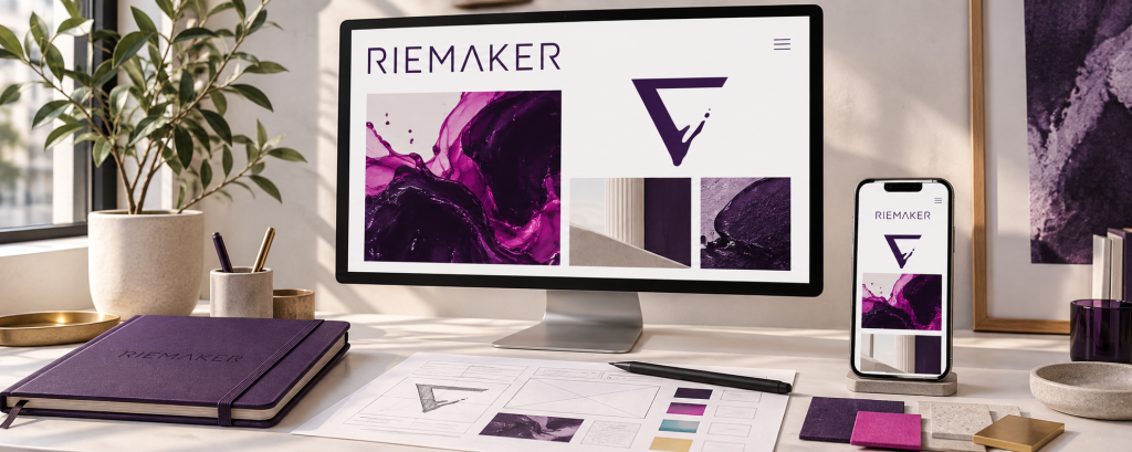 Koncept RIEMAKER web dizajna prikazan na monitoru i mobitelu, uz skice i uzorke boja.