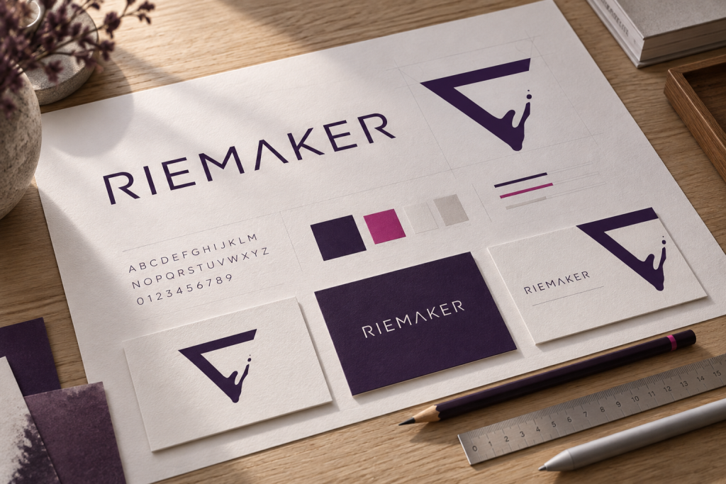 Razrada RIEMAKER logotipa, tipografije i palete boja na dizajnerskoj ploči.