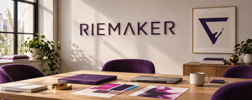 Konceptualni RIEMAKER prostor s ljubičastim logotipom na zidu, radnim stolom i uzorcima boja.